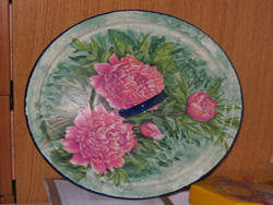 vecchio coperchio pentola decorato a decoupage rododendri angelapercaso